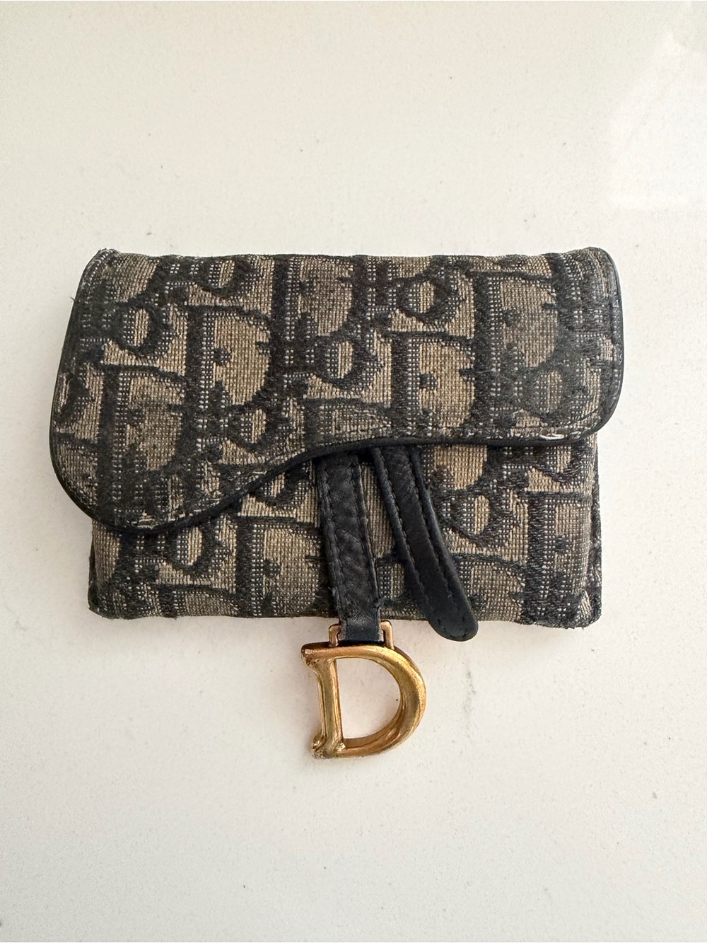 Dior Black and Beige Signature Monogram Wallet with Gold 'D' Charm